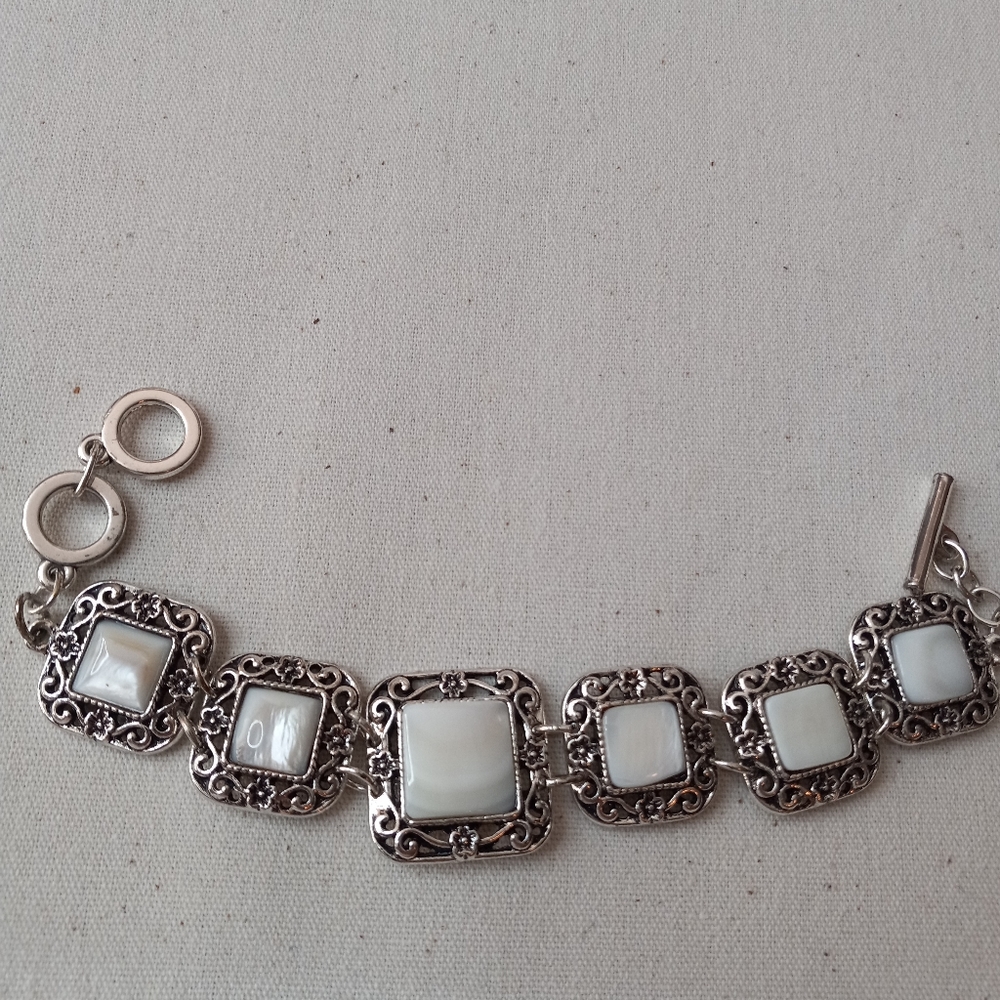 Silver Tone Costume Statement Bracelet With White Tile Stones